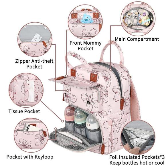 Diaper Bag Backpack, Large Pink Diaper Bag Backpack, Floral Printed Backpack - Picture 6 of 8